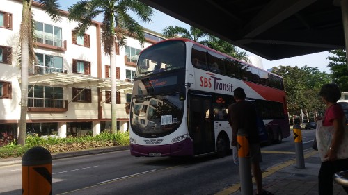 Passing by with large SBS TRANSIT logo in tow