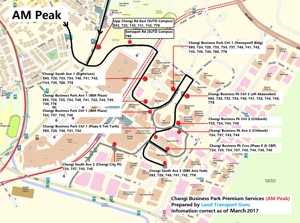 Changi Business Park Premium services: Drop-off points during AM Peak Hours, with colored lines representing most common routes