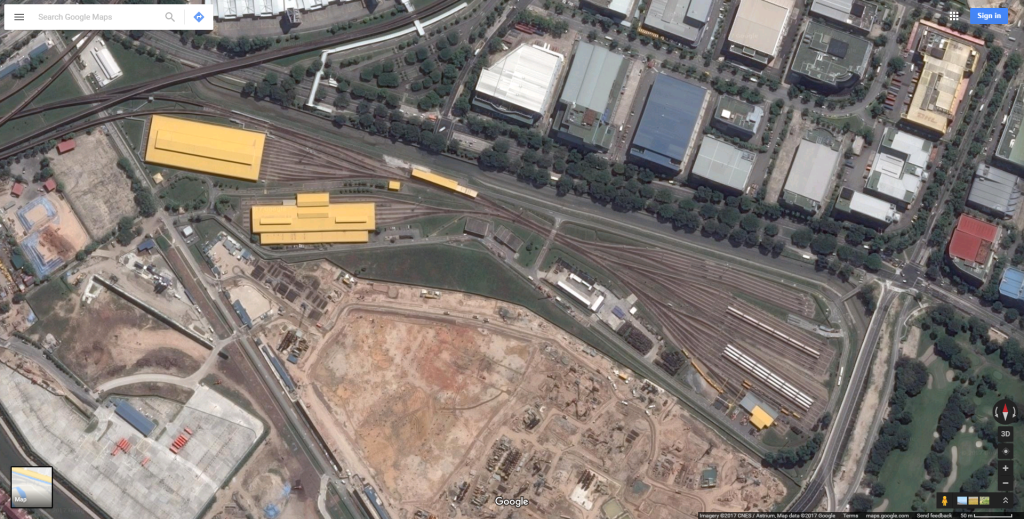 Satellite view of Changi Depot in 2017. The upcoming East Coast Integrated Depot can be seen under construction south of the depot.