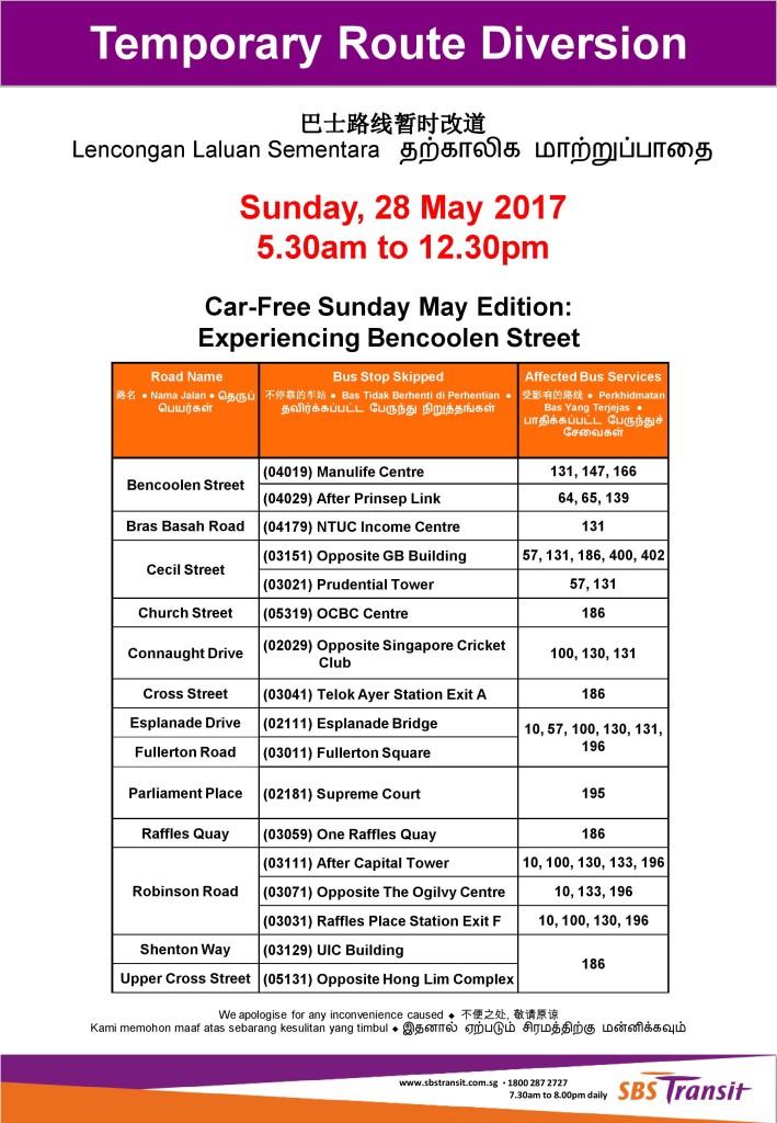 Car-Free Sunday (May 2017) Diversion Poster by SBS Transit
