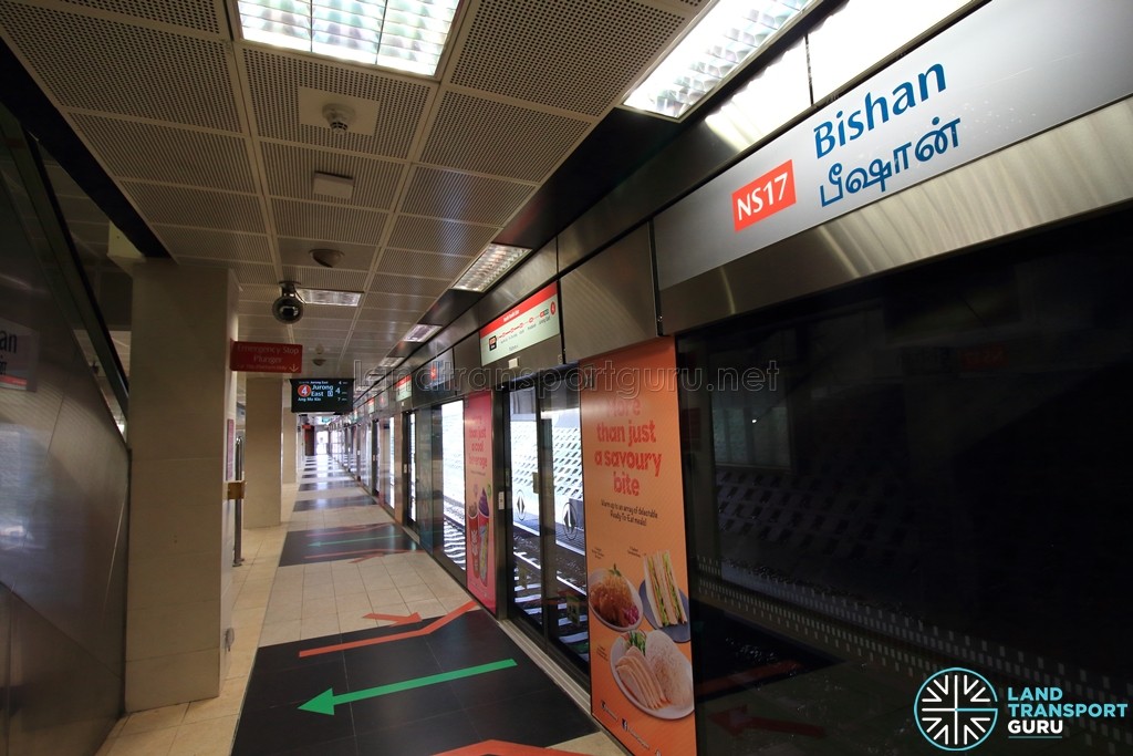 Bishan MRT Station - NSL Platform A. The narrow platforms are a result of the station's original design parameters
