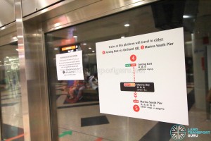 A notice for trains at Platform B which head to both Jurong East and Marina South Pier