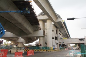Tuas West Road MRT Station - Construction progress (March 2016). The road viaduct goes underneath the rail viaduct just east of Tuas West Road station (Mar 2016)