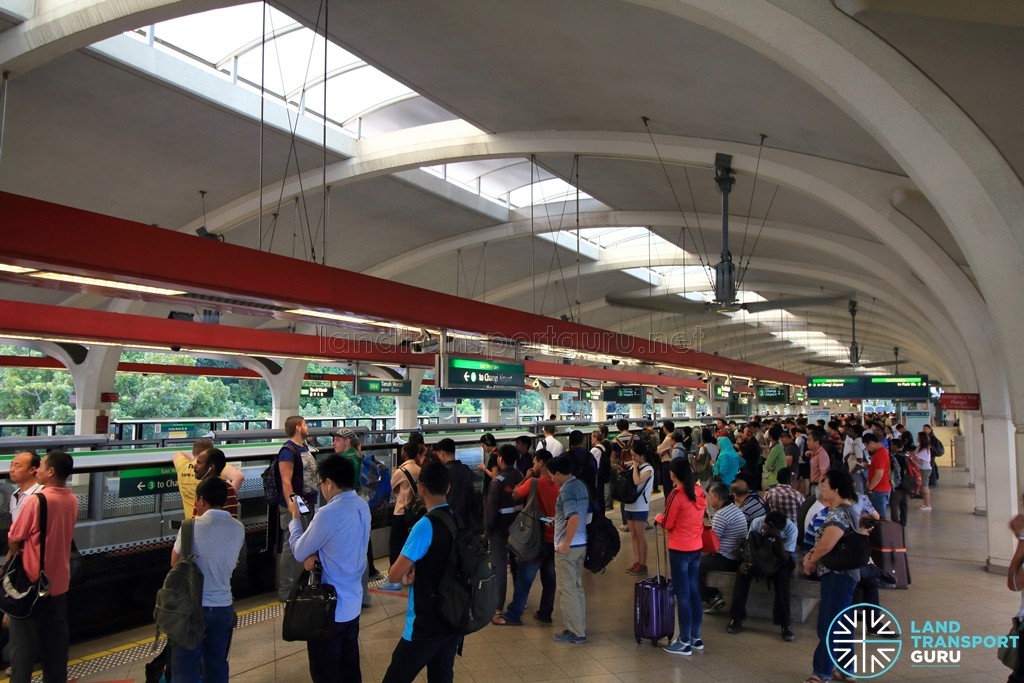 Tanah Merah MRT Station - Crowded platform waiting for Changi Airport-bound train