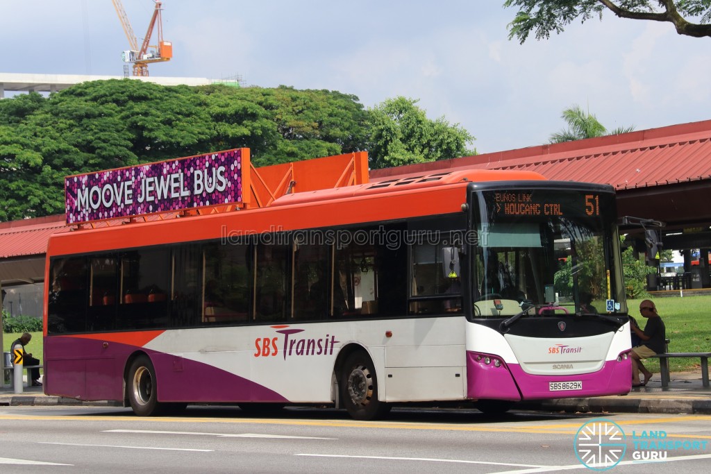 SBS Transit Scania K230UB (SBS8629K) - Service 51, featuring the "Moove Jewel Bus" advertising concept (LED-backlit 2D advertising boards)