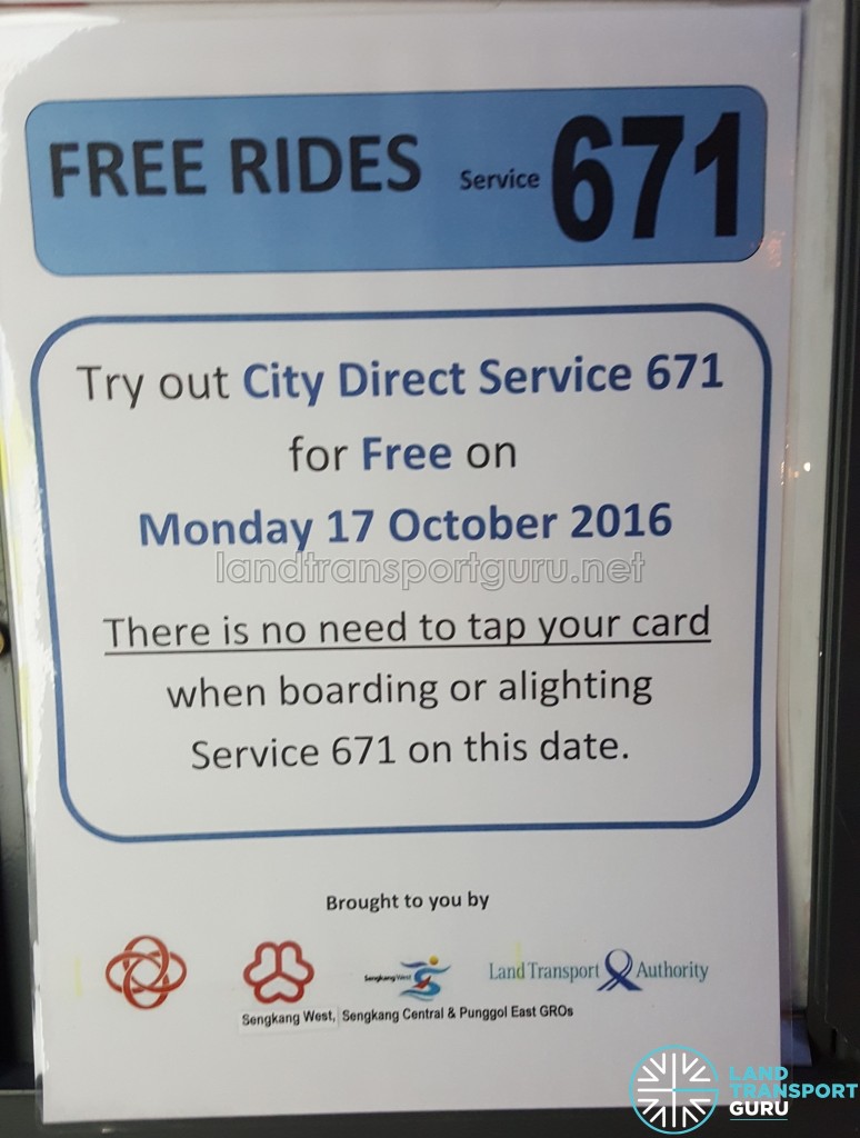 Free Rides for City Direct 671 on 17 Oct 2016