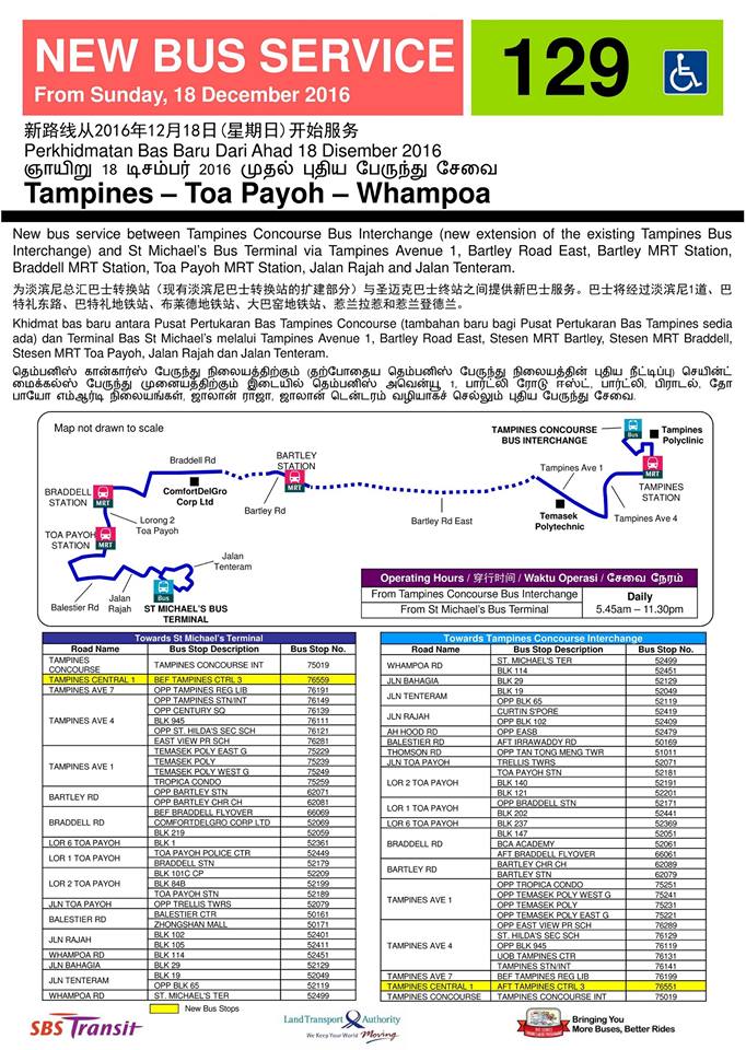 SBS Transit Bus Service 129 - Route Poster