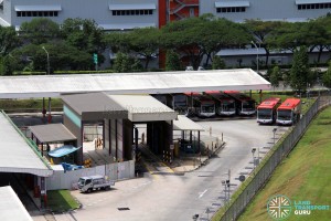 Aerial view of Bukit Batok Bus Depot bus wash, with one under renovation, and sheltered bus park in the background