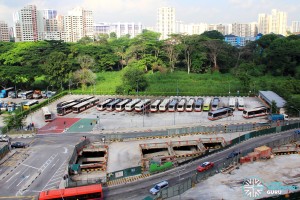 Aerial view of Bukit Panjang Temporary Bus Park as seen from Blk 632B Senja Road, with the Downtown Line (DTL) under construction in the foreground