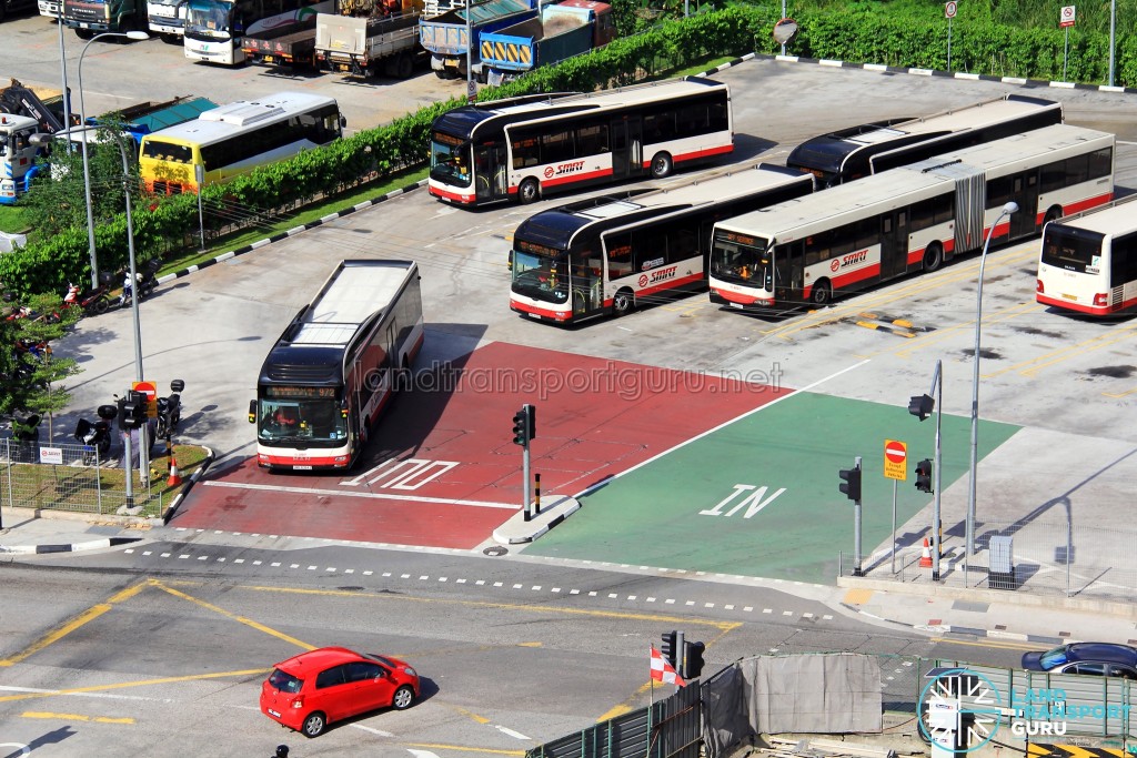 Color-coded terminal entrance shows buses entering from the right side, running against the standard right-hand-drive traffic flow