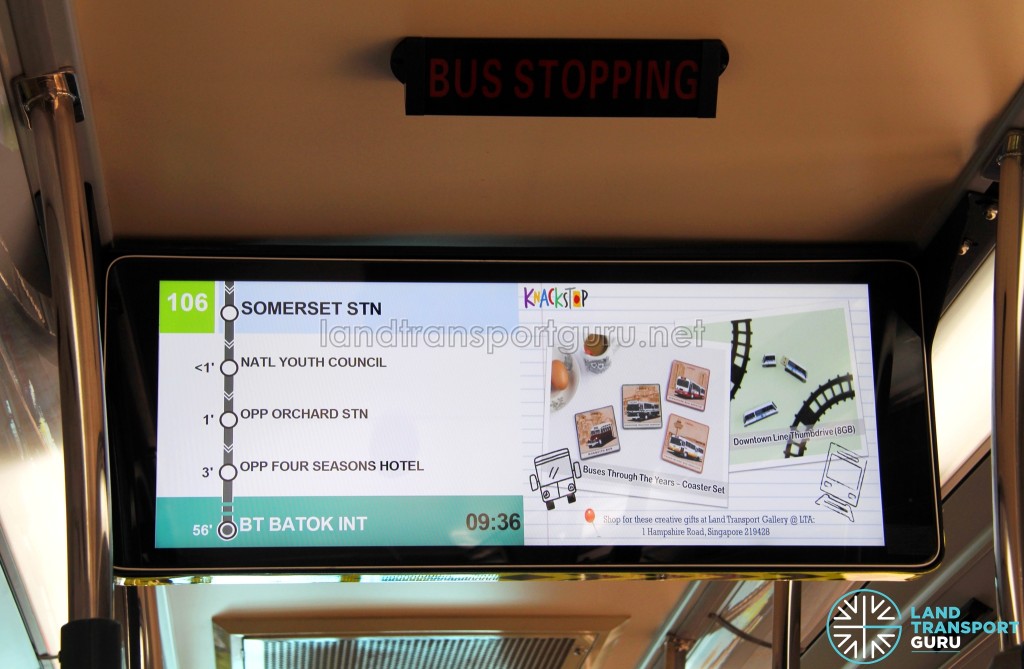 The PIDS scrolls through the route details automatically. The right panel cycles through LTA commercials.