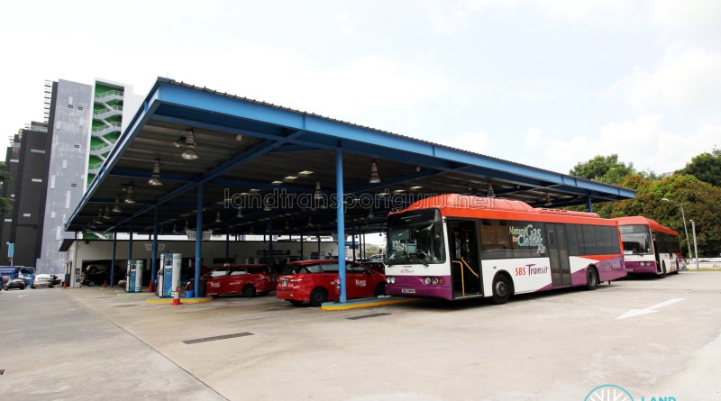 SBS Transit's CNG-powered Volvo B10BLE buses refuelling at Toh Tuck CNG Station