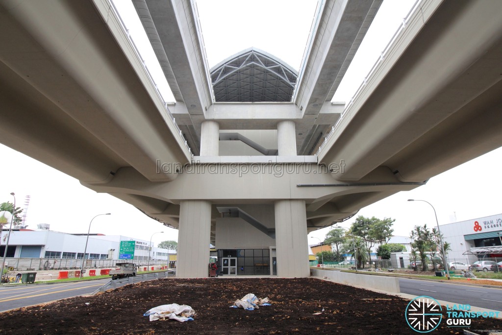 Tuas Crescent MRT Station - Head-on view showing the tracks running above the road viaduct