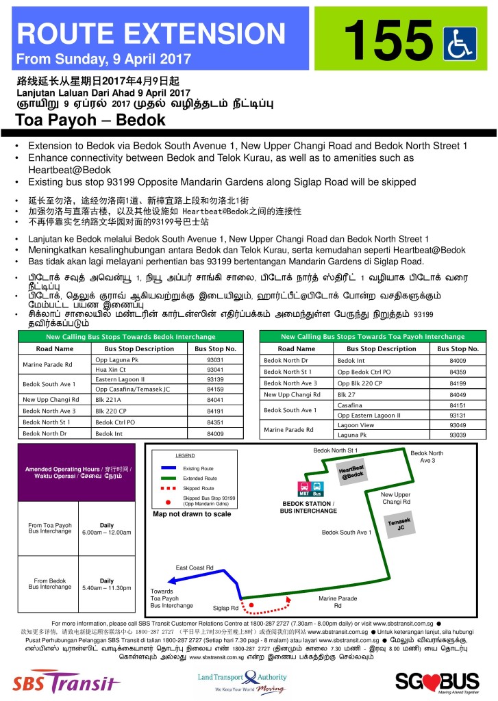 Bedok Route Extension Poster for Bus Service 155