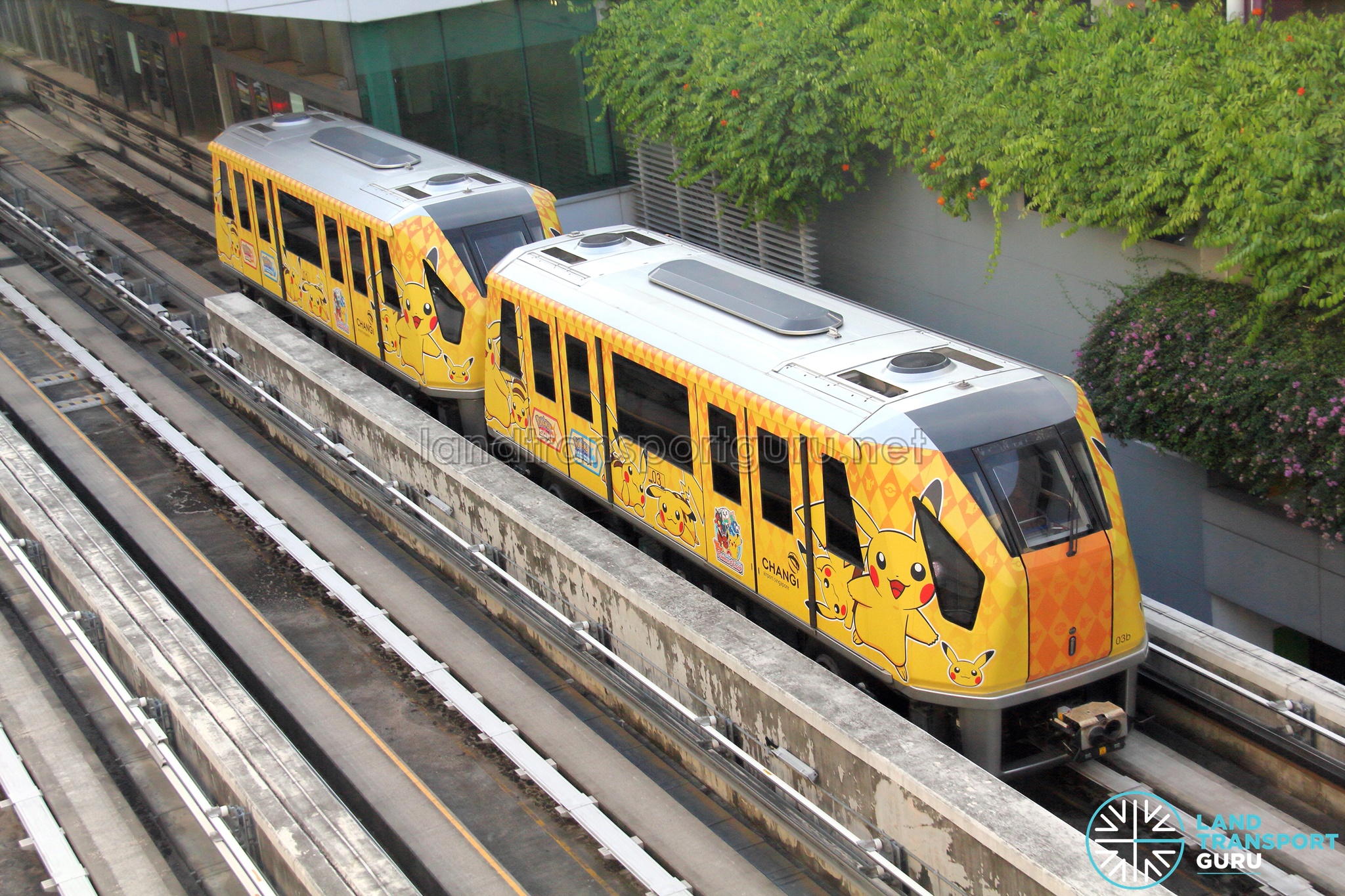 Changi Airport Skytrain (Double-car) in a Pokemon-themed livery