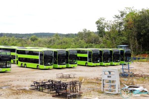 Gemilang Coachworks - Assembled MAN A95 Facelift buses in storage with the rear panel of a double-deck bus in the foreground