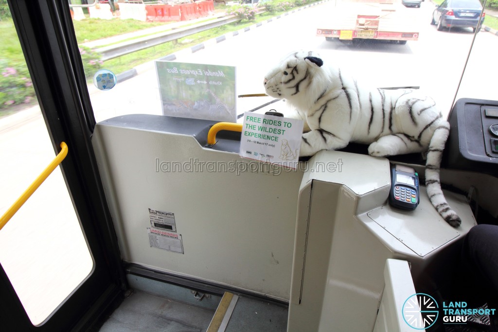 Stuffed tiger at the entrance of the Mandai Express bus
