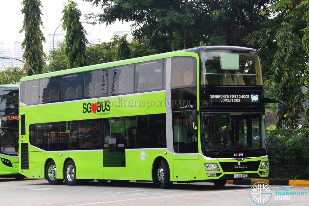 MAN Lion's City DD L Concept Bus (SG5999Z) - Displaying 'Singapore's First 3-door Concept Bus' and MAN logo