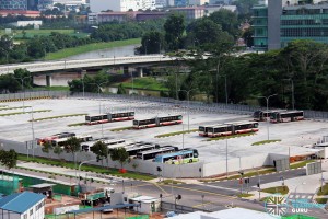 Ulu Pandan Bus Depot - Bus Park, with articulated buses occupying two 12-metre bus lots