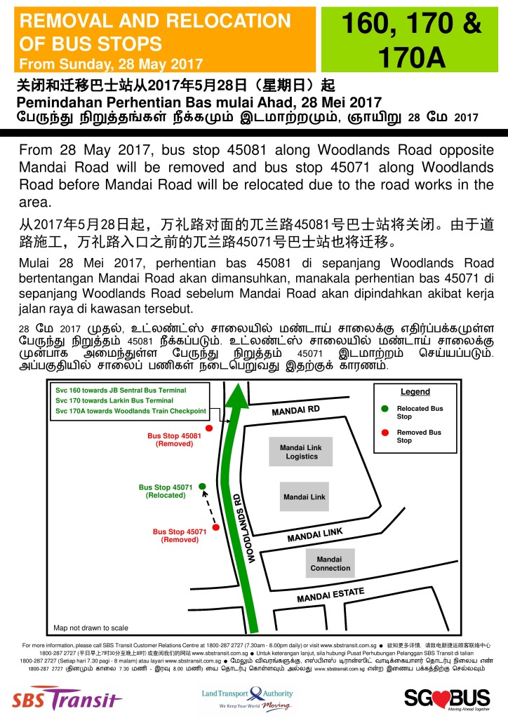 Removal & Relocation of Bus Stops along Woodlands Road for SBST Services 160, 170 & 170A