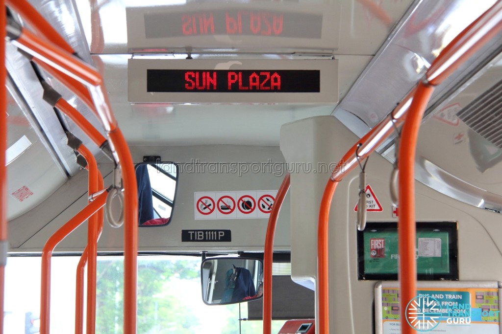 Mercedes-Benz O405G (Hispano Habit): Newer Passenger Information System showing next bus stop (Sun Plaza) (Front cabin)