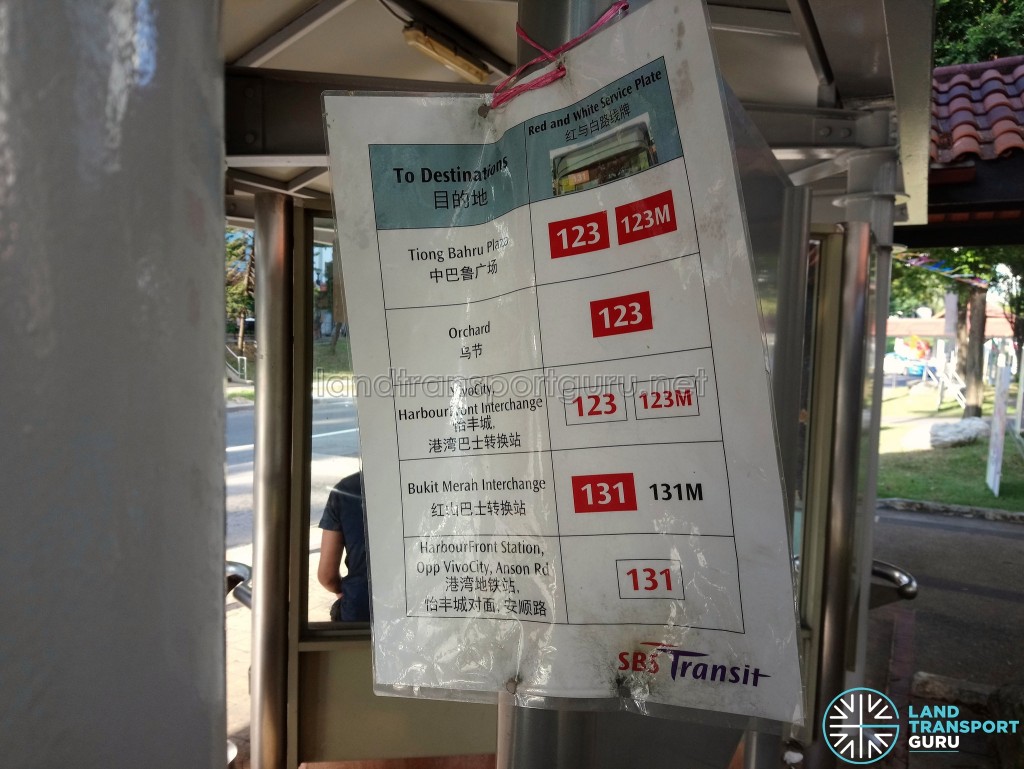 Red & White Service Plate Destinations for Bus Services 123, 123M & 131 at Bukit Purmei Ave