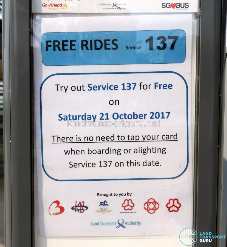 Pre Ride Free Ride Signage Free rides offered on the first day of Service 137’s operations | Land ...