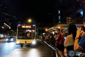 A packed Free Bridging Bus departing Novena MRT station