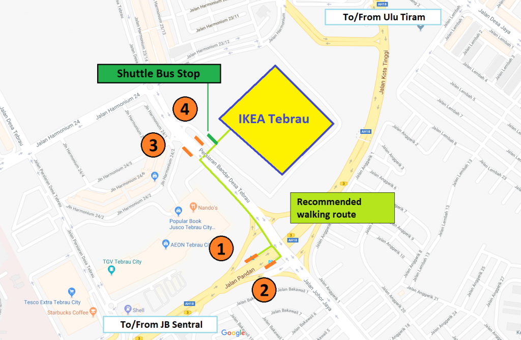 IKEA Tebrau Transport Map. Note that the Shuttle Bus has been withdrawn.