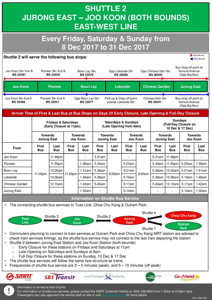 Updated NSEWL Early Closure / Late Opening Dec 2017 - Jurong East - Joo Koon Shuttle (Shuttle 2)