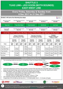 Updated NSEWL Early Closure / Late Opening Dec 2017 - Tuas Link - Joo Koon Shuttle (Shuttle 3)