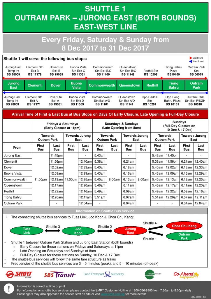NSEWL Early Closure / Late Opening Dec 2017 - Outram Park - Jurong East Shuttle