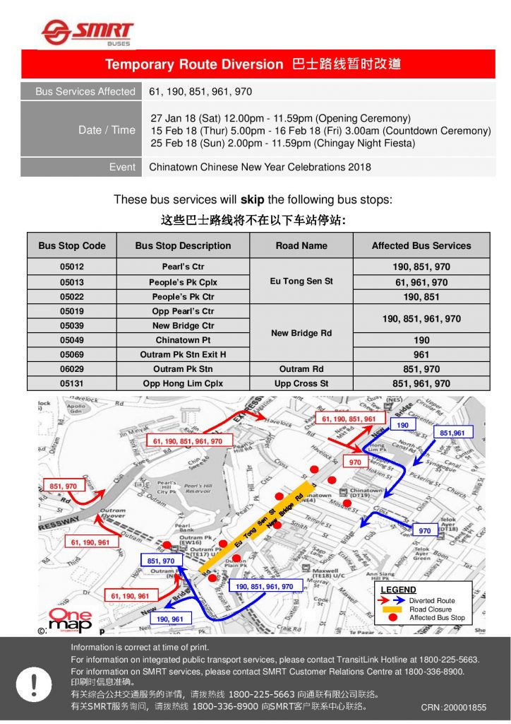 SMRT Buses Bus Diversion Poster for Chinatown Chinese New Year Celebrations 2018