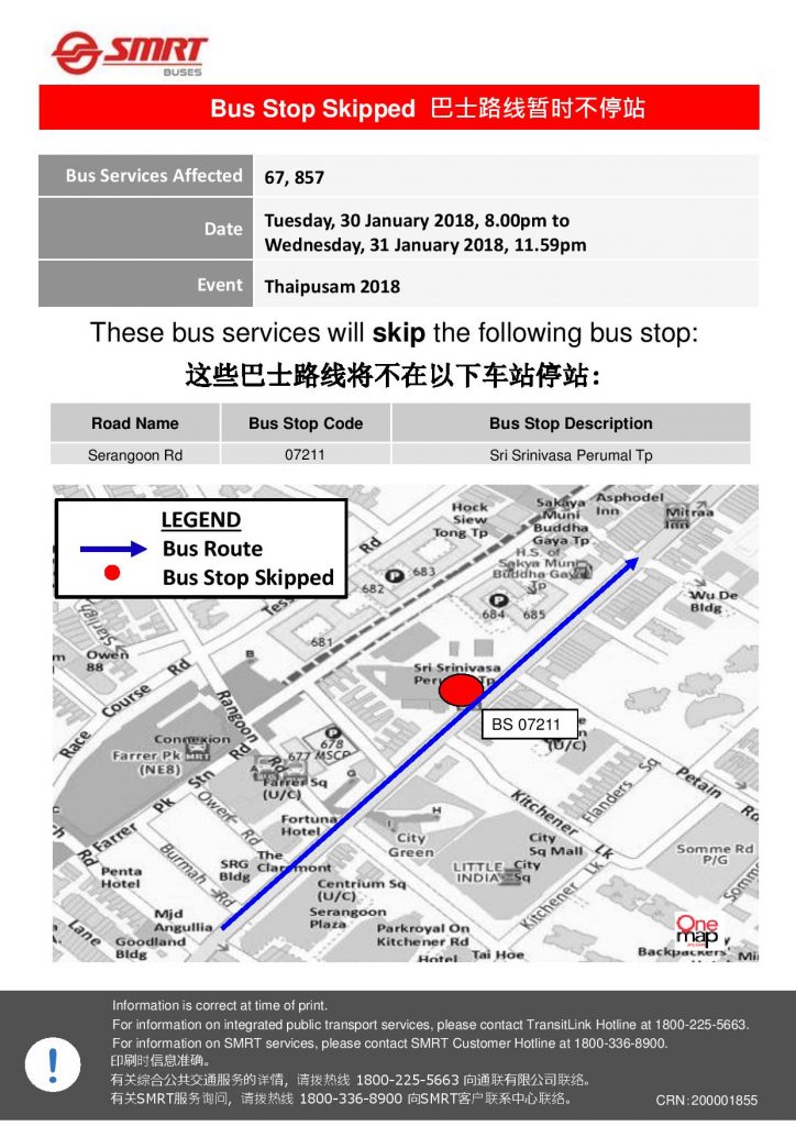 SMRT Buses Bus Diversion Poster for Thaipusam 2018