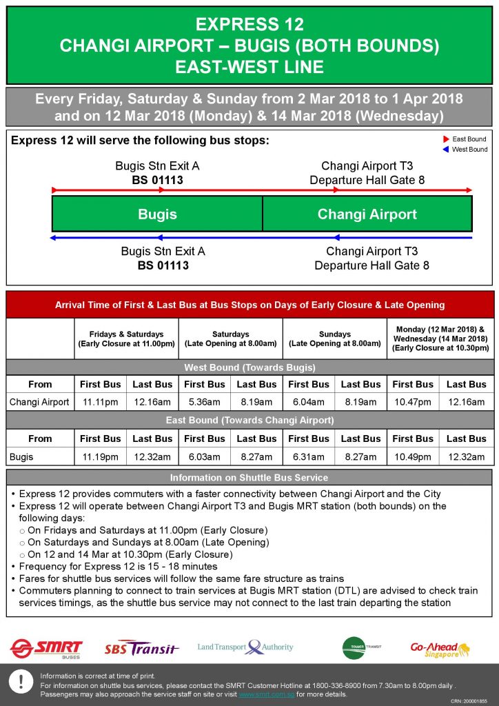 Express 12 (Changi Airport - Bugis) Departure Timings from Stations