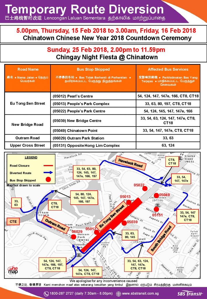 SBS Transit Bus Diversion Poster for Chinatown CNY 2018 Countdown & Chingay Night Fiesta 2018
