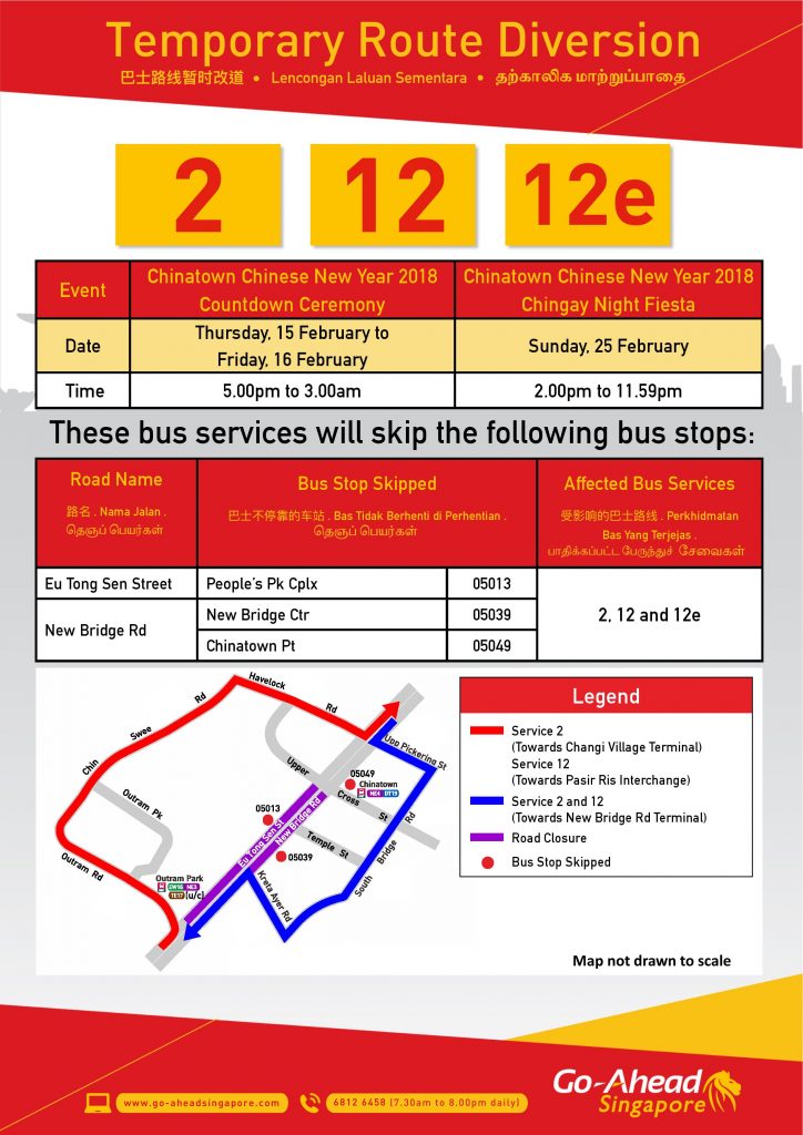 Go-Ahead Singapore Bus Diversion Poster for Chinese New Year Eve & Chingay Night Fiesta 2018
