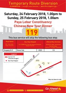 Go-Ahead Singapore Bus Diversion Poster for Paya Lebar Constituency Chinese New Year Dinner
