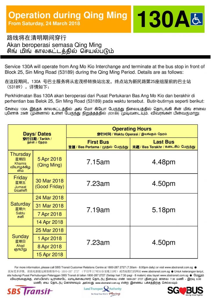Operating Days for Bus Service 130A during the 2018 Qing Ming period