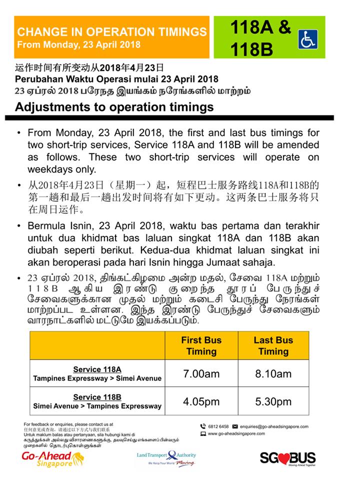 Poster: Short-Trip Service 118A & 118B change in operating hours (Apr 2018)