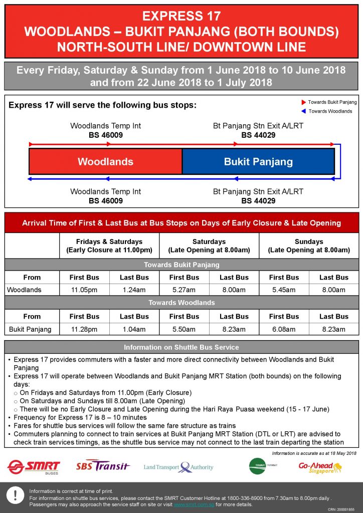 Express 17 (Woodlands – Bukit Panjang) Departure Timings from Stations