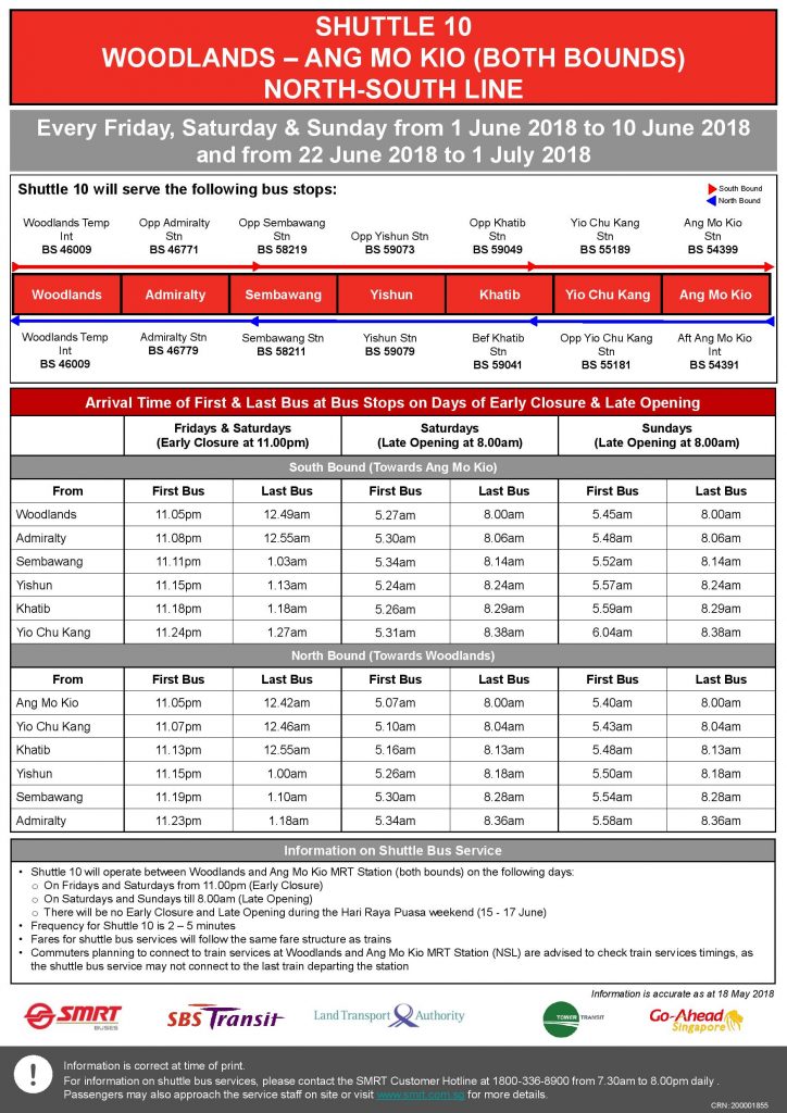 Shuttle 10 (Woodlands – Ang Mo Kio) Departure Timings from Stations