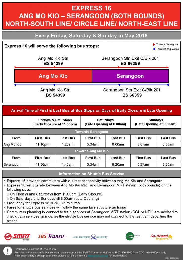 Express 16 (Ang Mo Kio – Serangoon) Departure Timings from Stations (Poster updated on 3 May)