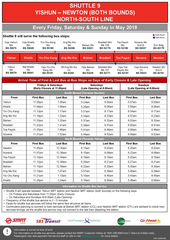 Shuttle 9 (Yishun – Newton) Departure Timings from Stations (Poster updated on 3 May)