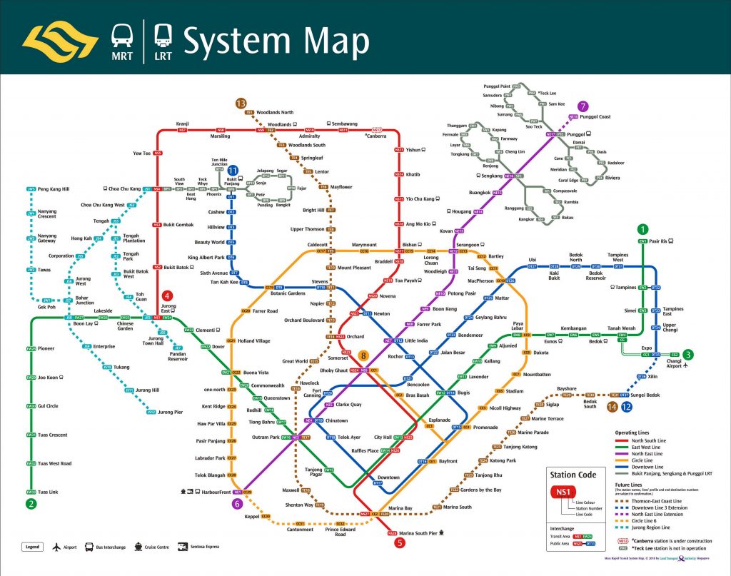 Singapore MRT Train Network Map as of September 2018.