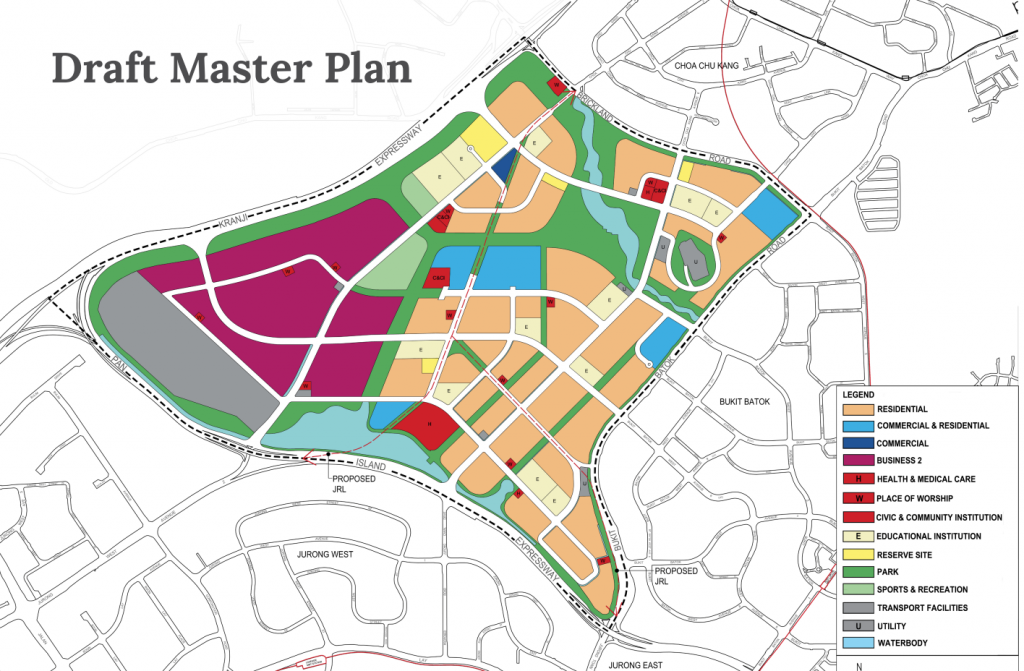 Draft Master Plan of Tengah estate with land reserved for Tengah Depot market out in grey (Image: HDB)