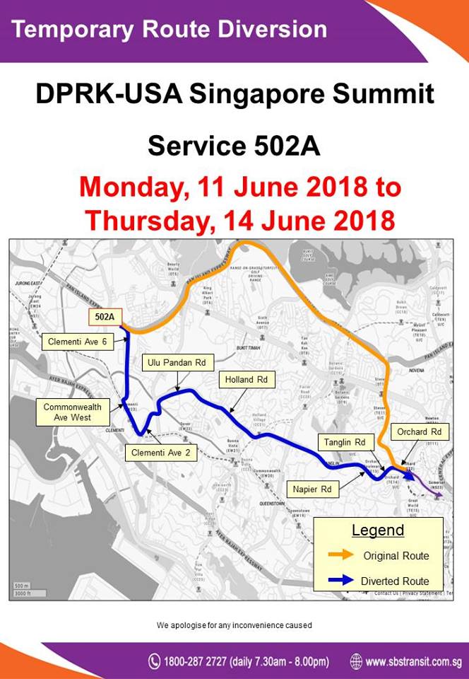 SBS Transit Express 502A Route Diversion Poster for DPRK - USA Singapore Summit along Tanglin Road