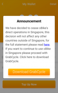 oBike Notification on ceasing direct operations in Singapore