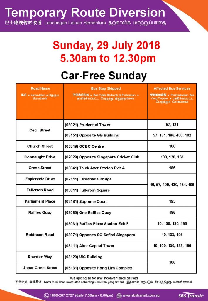 SBS Transit Bus Diversion Poster for Car-Free Sunday Jul 2018