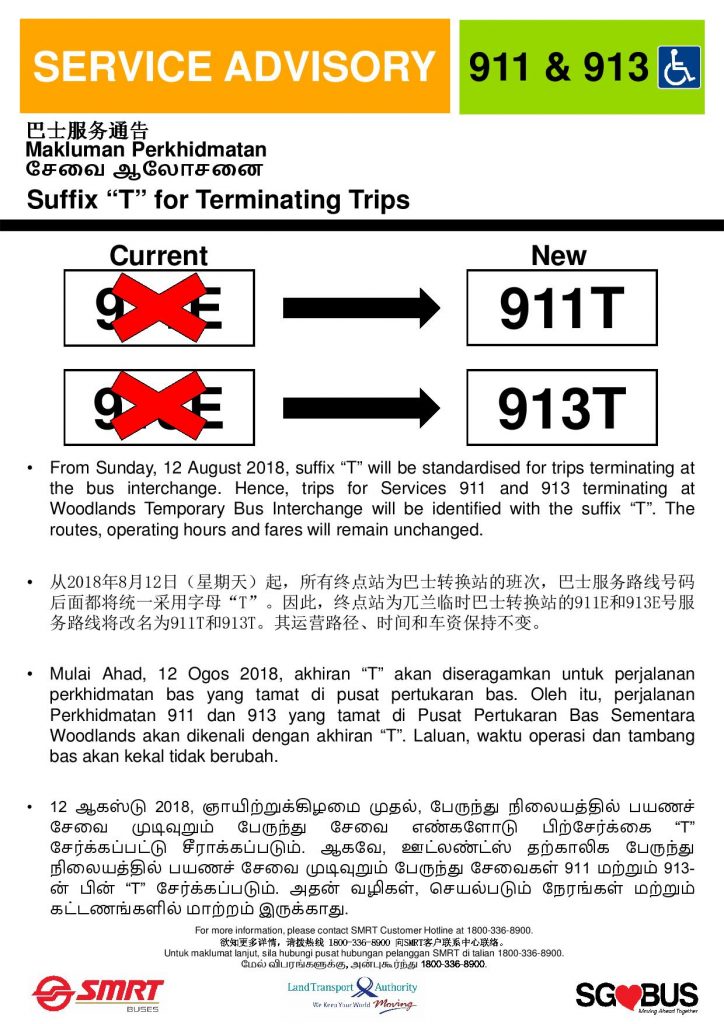 SMRT Buses Service Advisory for Service 911T & 913T